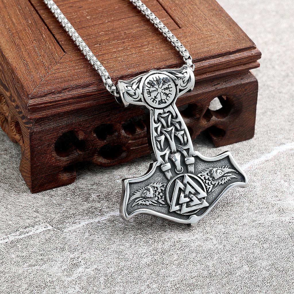 Stainless Steel Viking Pendant Necklace with Double Wolf Heads - Nordic Mythology Inspired, Retro Style