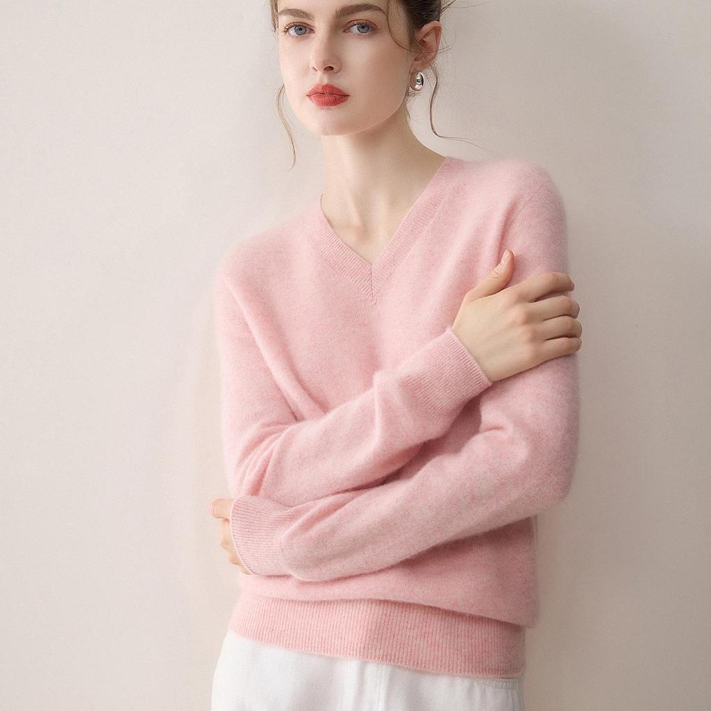 Women's 100% Cashmere V-Neck Long Sleeve Slimming Knit Pullover