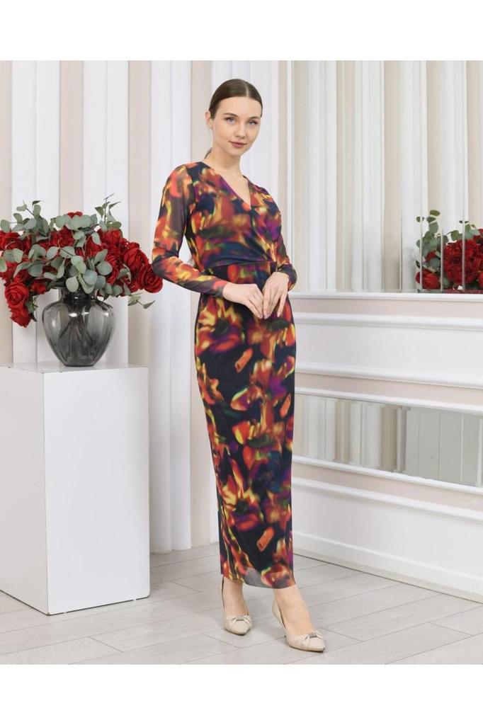 Women's Big Size Dress V-Neck Lycra Printed Tulle Dress