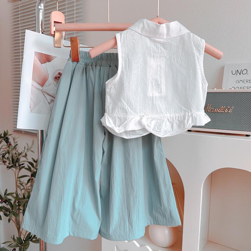 Girls' Summer Flutter Sleeve Top & Wide-Leg Pants Set - New Fashion Design (AXA736)