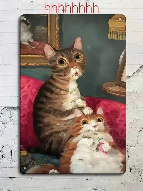 Vintage Tabby Cat Wall Art Aluminum Metal Painting Lollipop Knife Decor 20x30cm