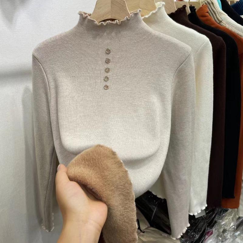 Fungus lace collar fleece thickened knitted bottoming shirt women's autumn and winter new fashion integrated fleece pullover sweater