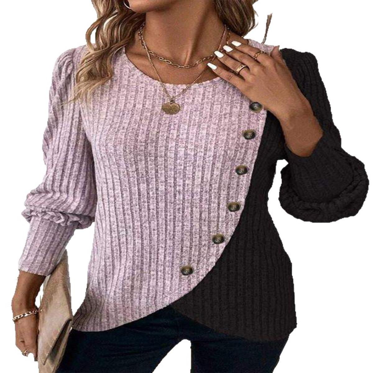 

Женская трикотажная футболка с круглым вырезом, цветными блоками, полоской пике, перекрещенным низом и длинными рукавами, весна-осень M розовый