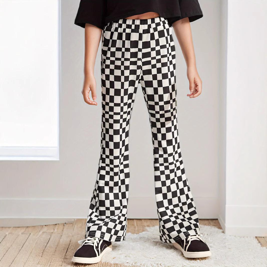 

Брюки-клеш в клетку для девочек, весенние и осенние, детские спортивные брюки для отдыха 13-14Y чёрный