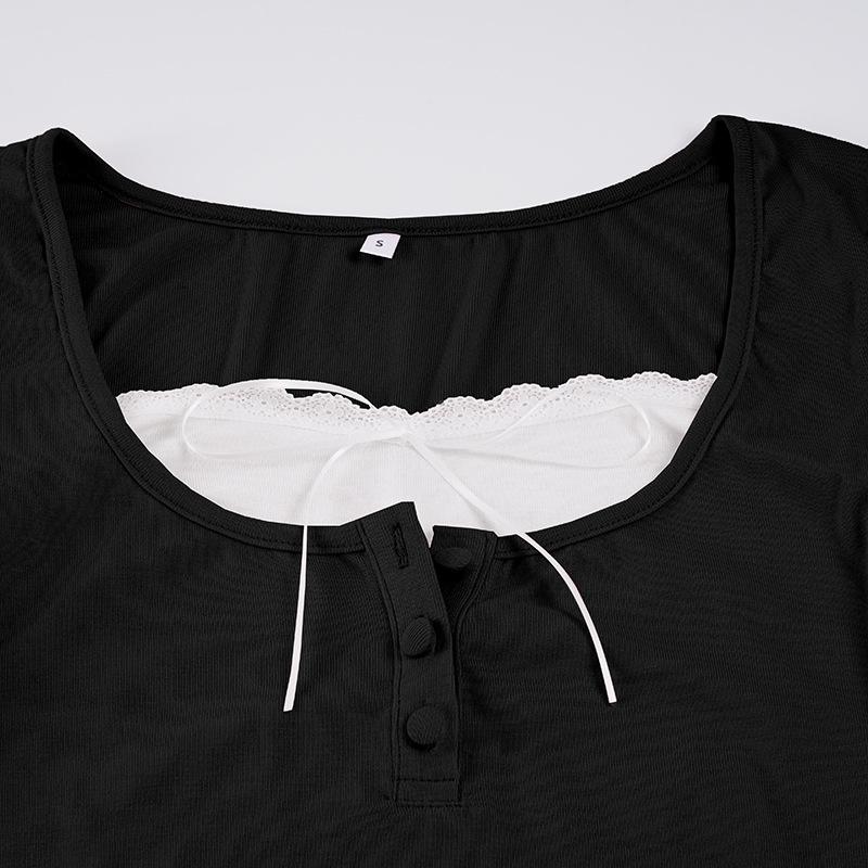 Korean Sweet Style Lace-Trim Two-Piece Long-Sleeve T-Shirt with Bowknot