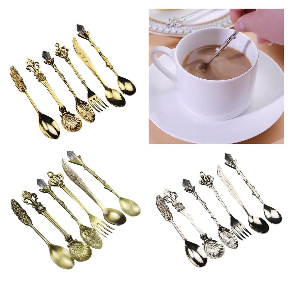 Antique Teaspoons Set With Ergonomic Handle 6 Piece Crystal Zincs Alloy Rustproof Coffee Spoons Kitchen Accessories