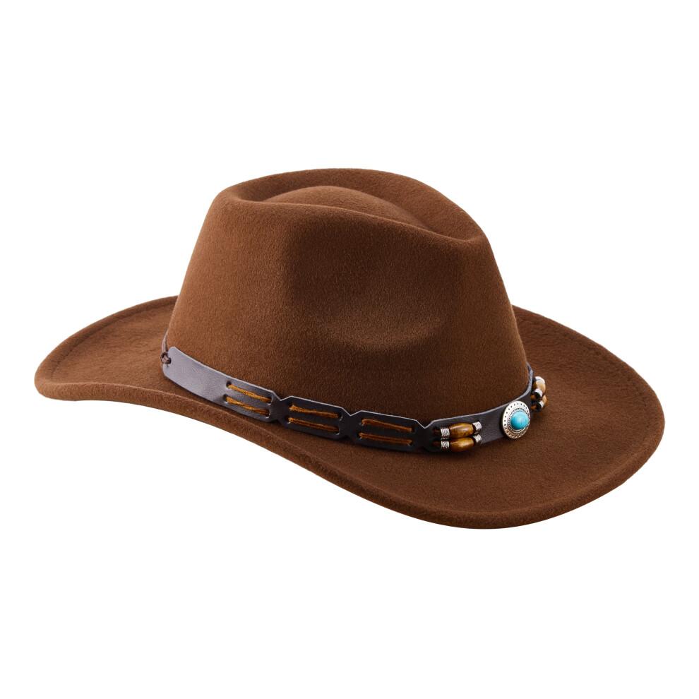 (One Size, Coffee) Western Cowboy Hat for Women Men Bohemian Cowgirl Hat with Beads Trim Outdoor Sun Hat