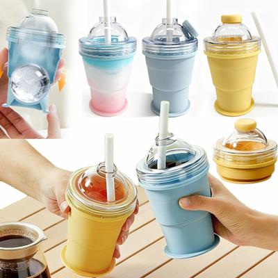 1 Stück Faltbarer Silikon-Eiswürfelbecher Wiederverwendbare 2-in-1-Eiskugelform Trinkbecher mit Strohhalm für Kaffee Saft Getränke Eisbereiter