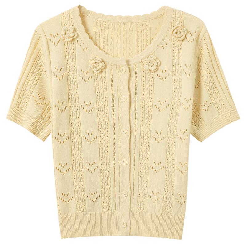 Sancai Women's Round Neck Short Sleeve Knit Cardigan