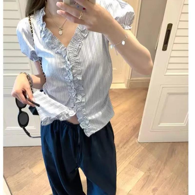 Summer Women Striped Ruffle V Neck Puff Sleeve Button Down Blouse M