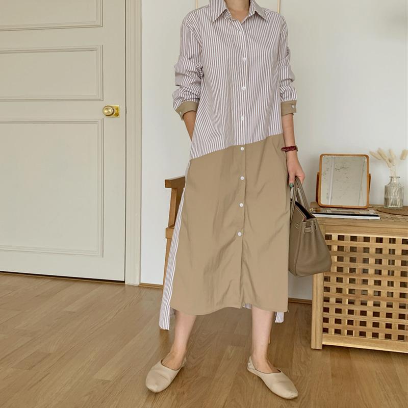 Spring and Autumn Korean Style Loose Casual Long Sleeve Striped Shirt Dress Women's Long Style Slim Dress
