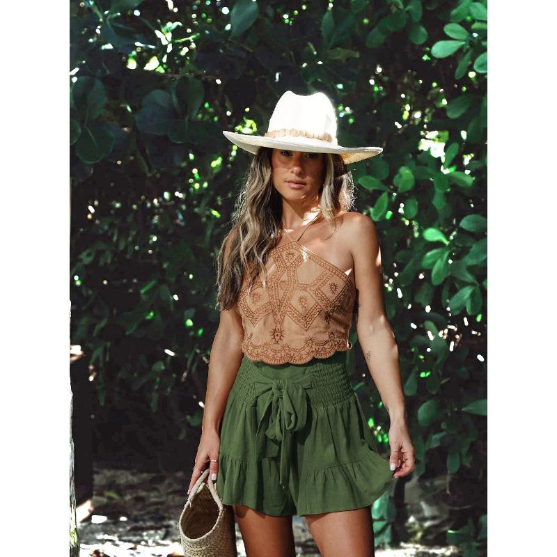 Summer Women's Shorts Cotton Linen Ruffle Fashion Wide Leg Shorts Draped Casual Pants