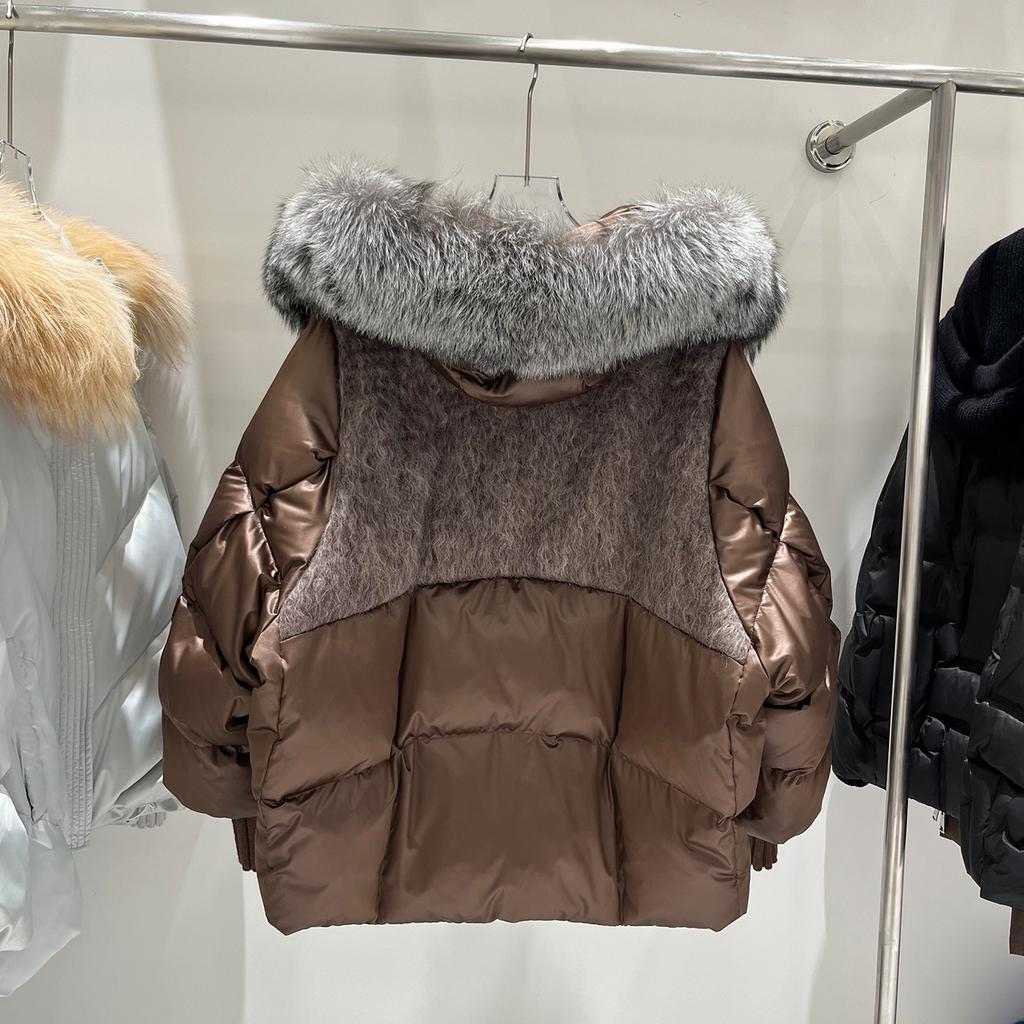 New Fox Fur Collar Hooded Down Jacket Women's Short Thickened Warm Fashionable Loose Woolen Splicing Jacket