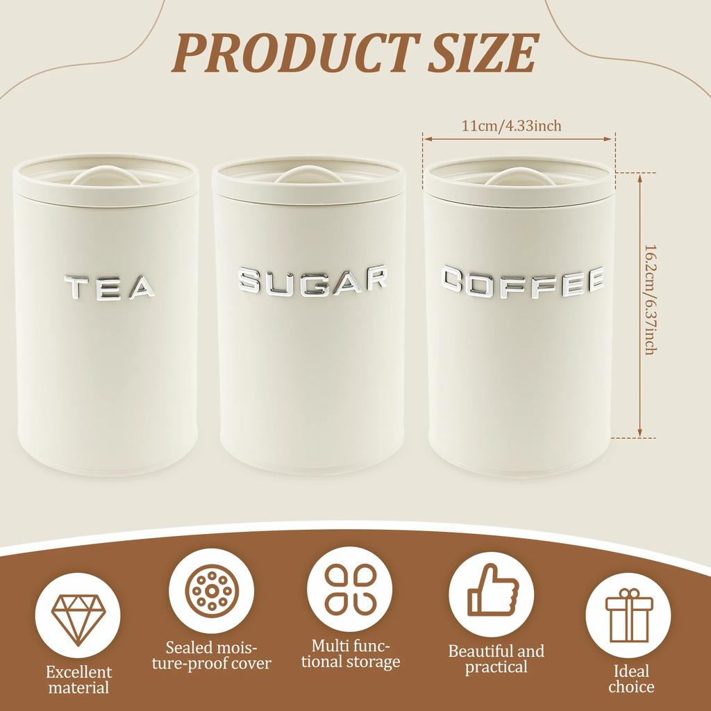 3 Pcs Tea Coffee Sugar Canister Jar Metal Round Kitchen Container with Airtight Lid Moisture Proof Coffee Beans Storage Jar
