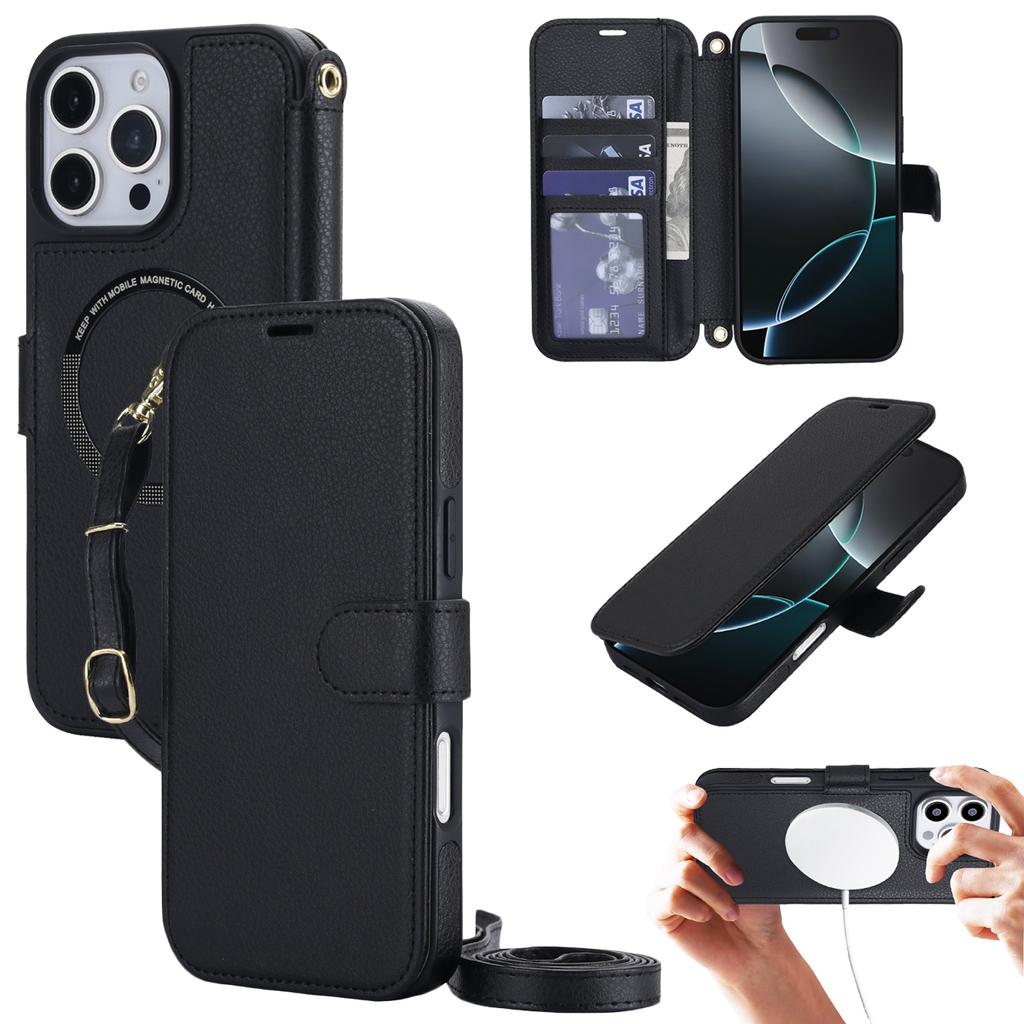 Crossbody Long Lanyard Flip Cards Sold Wallet Leather Case for iPhone 17 Pro Max 16 15 14 13 12 For Magsafe Shockproof Cover