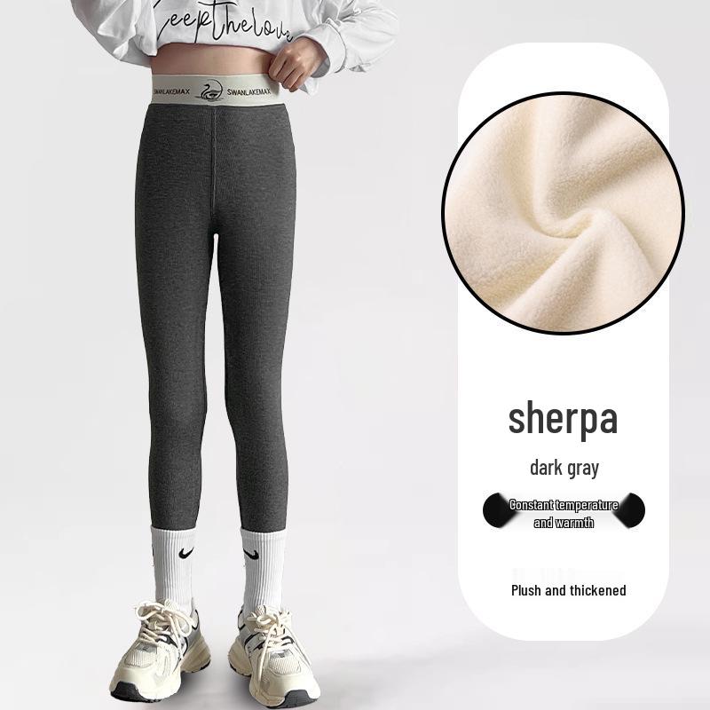 Kinder Gerippte Leggings mit Schwan-Bund - Herbst/Winter Warm, Samtgefüttert, Oberbekleidung aus Lammwolle