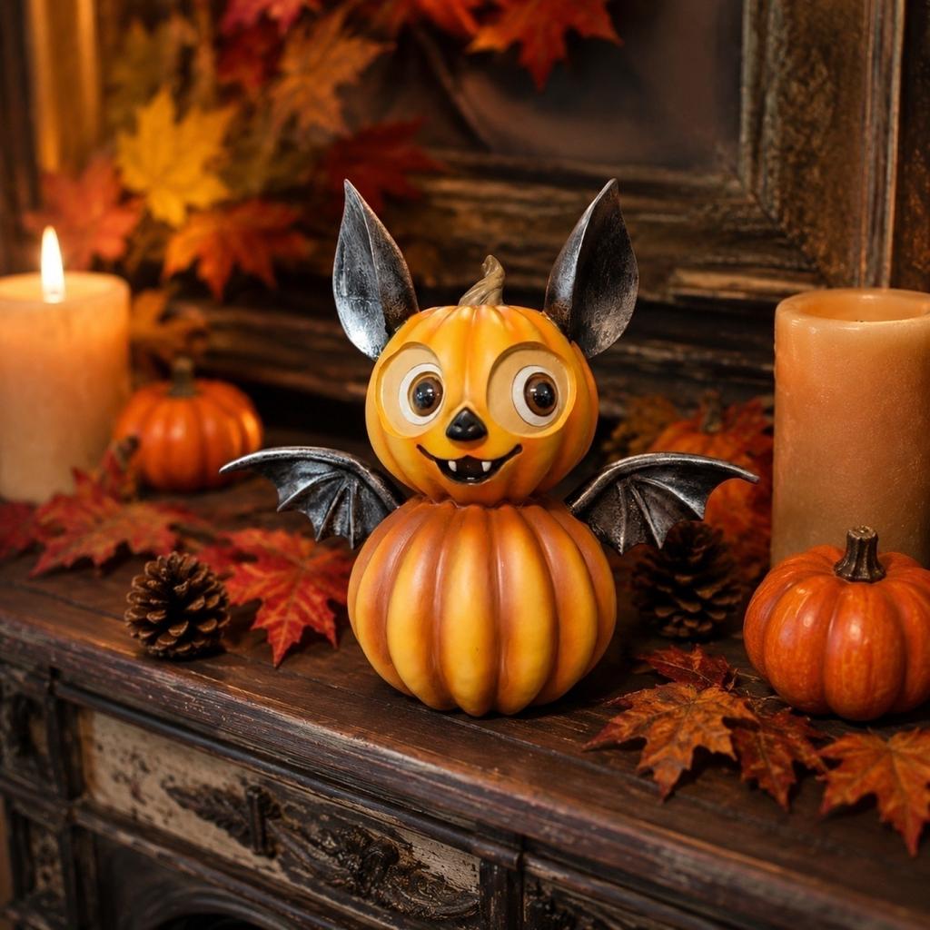 Halloween Pumpkin Bat Figurine Resin Double Layer Pumpkin Bat Statue Tabletop Decoration for Halloween Party Indoor Home Fireplace Shelf Display