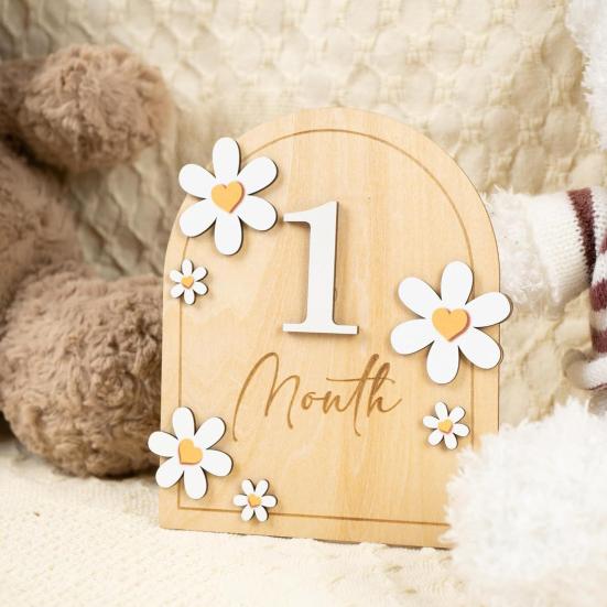 Baby Monthly Milestone Ornaments, Wooden Growth Markers with 3D Bow And Flower Decoration, Baby Monthly Milestone Cards for Baby Photos Keepsake