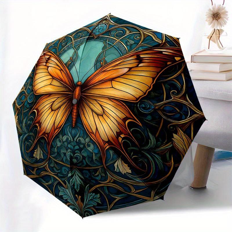 Stunning Butterfly Stained Cute Window Art Umbrella, Cute Umbrella with Cute Design, Portable 3-Fold Compact Umbrella for Men & Women, Valentine's Day