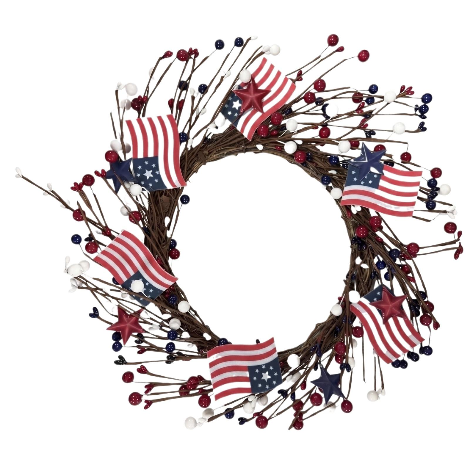 

40cm Patriotic Wreath Decoration with Artificial Berries and Small Flag Accents for Seasonal Home Wall Hanging or Door Ornament One Size