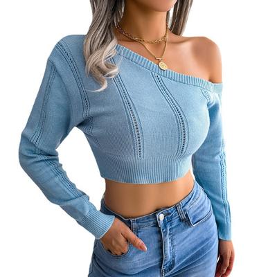 Women's Autumn and Winter Fashion Casual Sexy Hollow Out Strapless Long Sleeve Short Neckless Knitwear Sweater