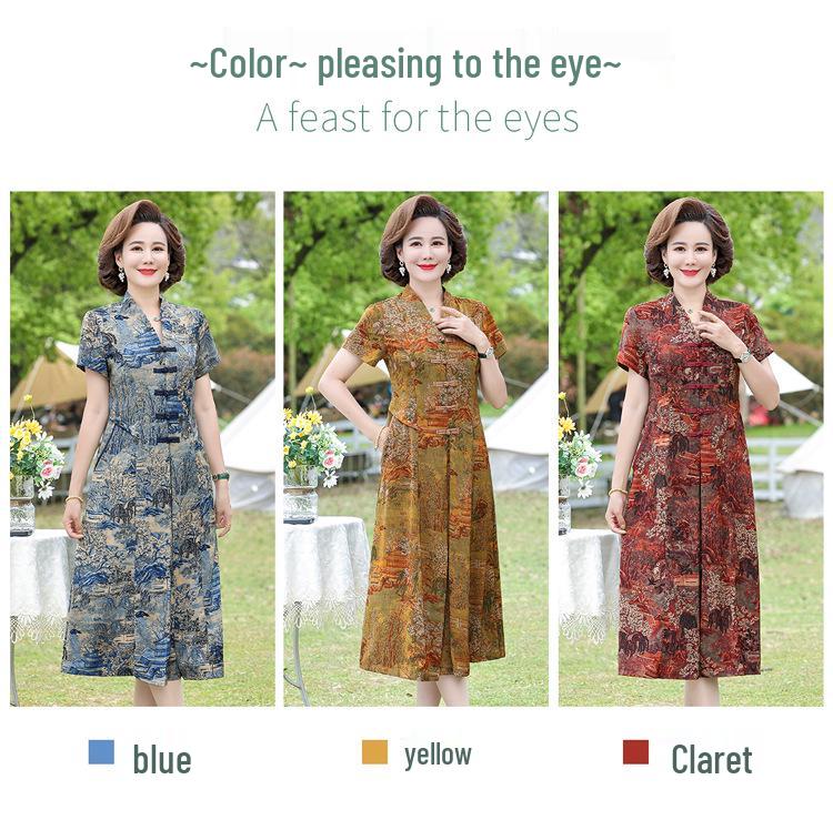 Elegant Vintage Chinese Style Silk Dress for Mature Women