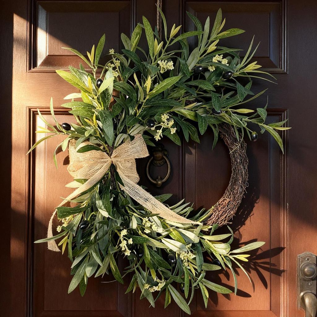 Spring Wreath Artificial Greenery Rustic Bow Olive Leaves All Season Front Door Decor for Indoor Outdoor Porch Wall Fireplace