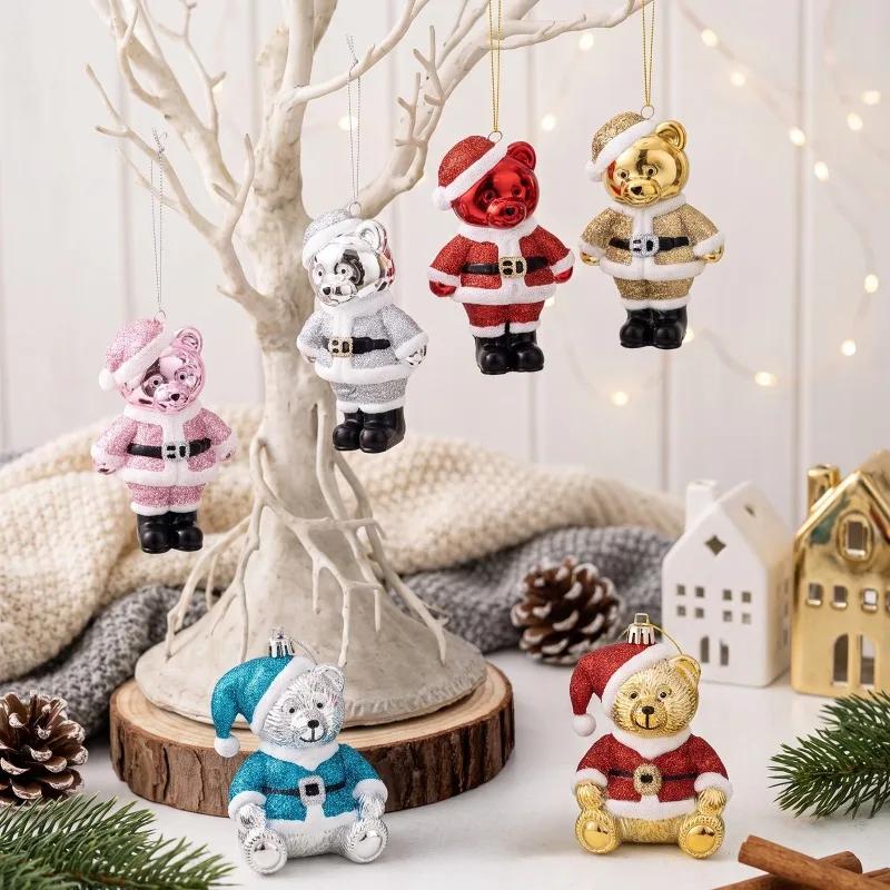 Plastic Cartoon Bear Christmas Ornaments, Electroplated Glitter Pendants for Tree & Window Decoration