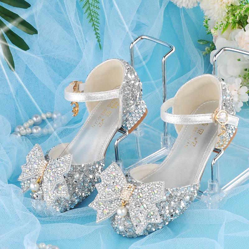 Girls Crystal Bow High Heel Shoes Shiny Princess Dress Footwear Piano Performances Leather Kids Party Pumps