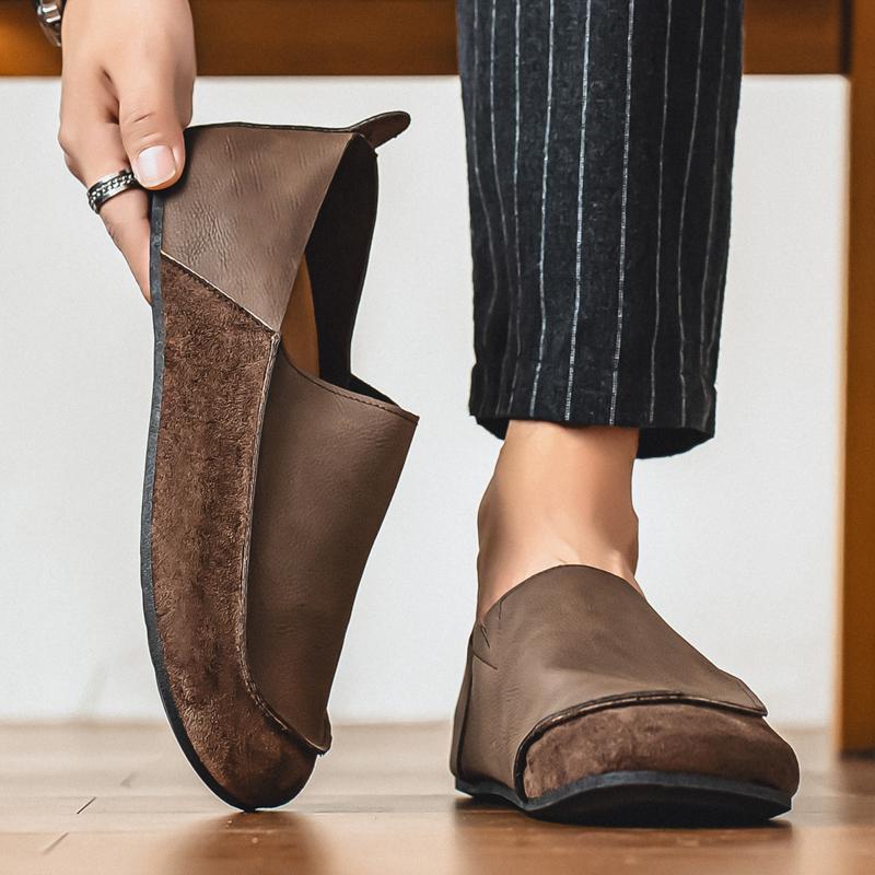 Men’s Retro Moccasins Shoes Fashion Casual Slip On Flats Driving Shoes Black Khaki Wide Head Shoes Plus Size