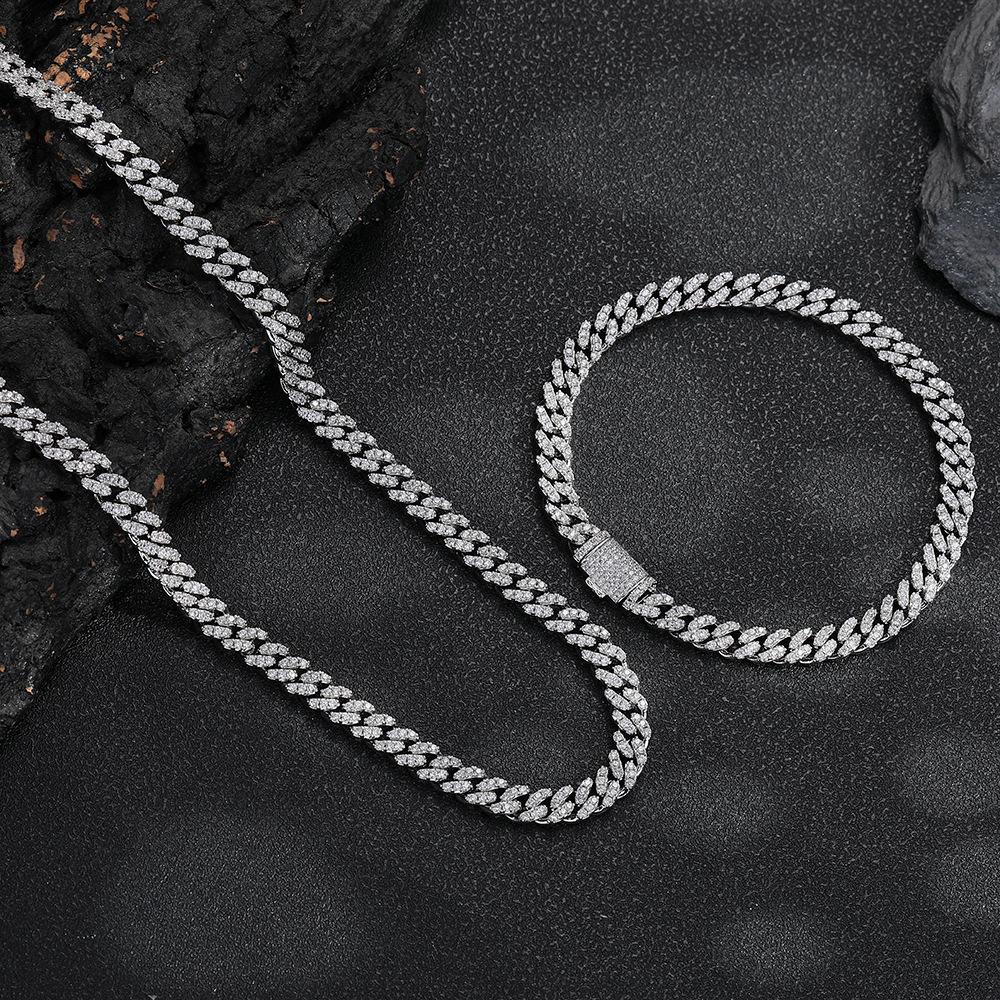 Geometric Diamond 6mm Single Row Cuban Chain Necklace, Hip-hop Personality Full Diamond Bracelet, Trendy Accessory