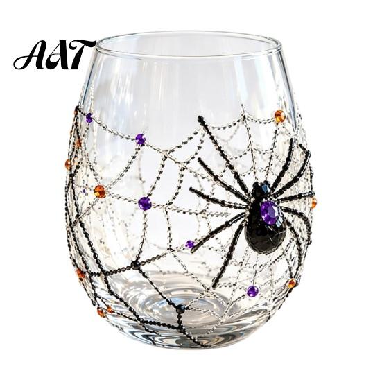 Halloween Party Glassware Ghost Whiskey Glass, Black Cat Spider Net Skull Tumbler for Decorative Kitchen Cocktail, 350ml Spooky Drinkware Home