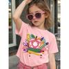 Girls Summer Crew Neck Short Sleeve T-Shirt with Cartoon Stationery Print