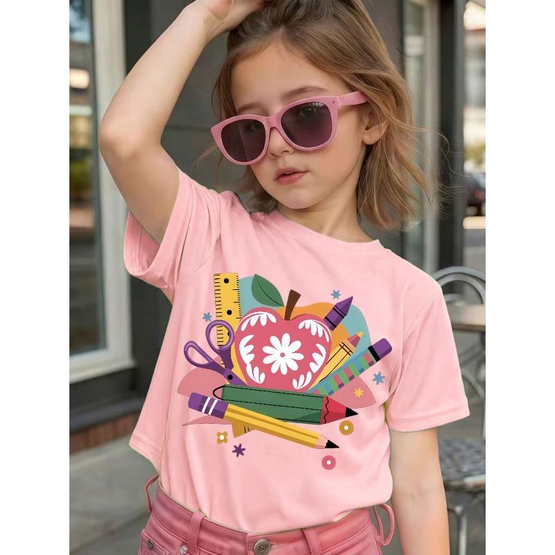 Girls Summer Crew Neck Short Sleeve T-Shirt with Cartoon Stationery Print