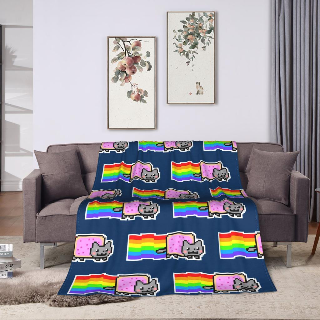 Cat Rainbow Pixel Nyans Blanket Fleece Winter Portable Super Warm Throw Blankets for Home Outdoor Rug Piece
