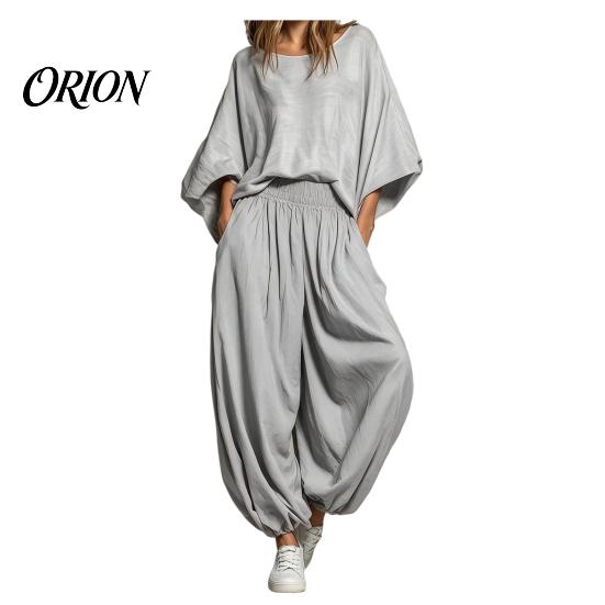 Loose Fit Women Set Women's 2 Piece Sets, Crew Neck Batwing Sleeve Top Two-piece And Lantern Pants Summer Travel Vacation Outfits with Pockets Suit