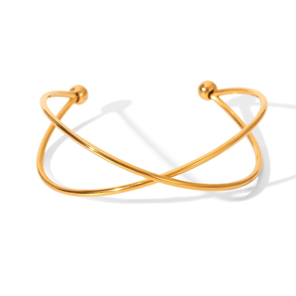 Wholesale Western Style 18K Gold Stainless Steel Line Cross Open Bangle, Minimalist Versatile Titanium Steel Bracelet