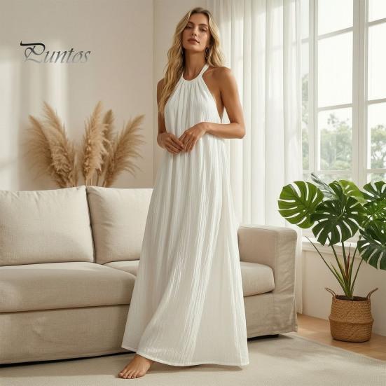 Non-sticky Fabric Dress Women Halter Neck Maxi Linen Dress, Sleeveless A-Line Loose Pleated Texture Casual Long Summer Flowy Vacation Beach