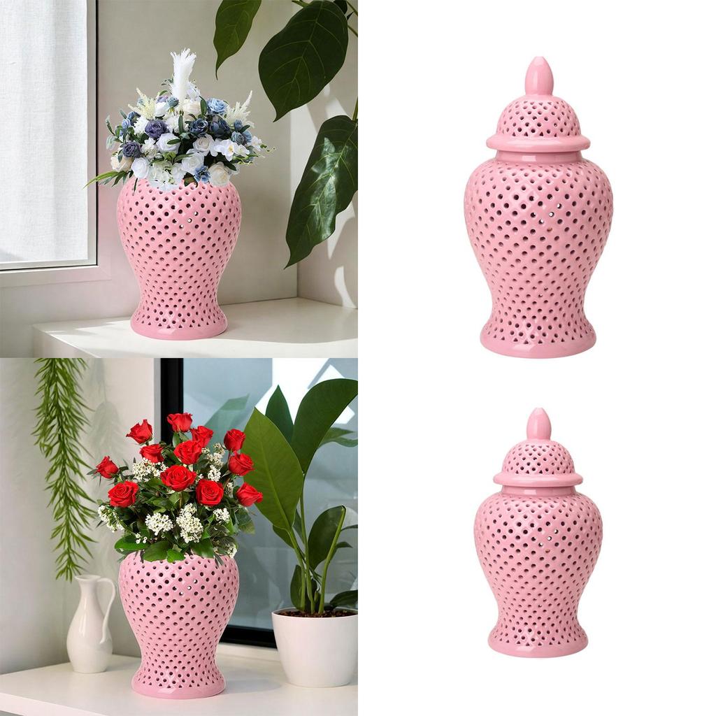 Porcelain Ginger Jar Hollow Out Temple with Lid Traditional Ceramic Vase 25cmx48cm