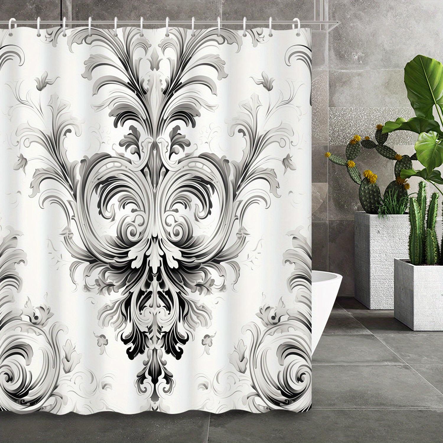 

Baroque Black & White Pattern Shower Curtain, 12 Hooks, Elegant Bathroom Partition & Decorative Curtain W60H190(CM)-1 Pcs