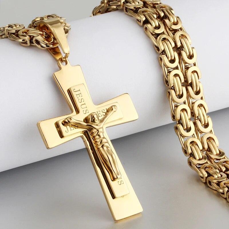 Catholic Jesus Christ Cross Pendant Necklace Stainless Steel Long Byzantine Chain Crucifix Cross Necklace