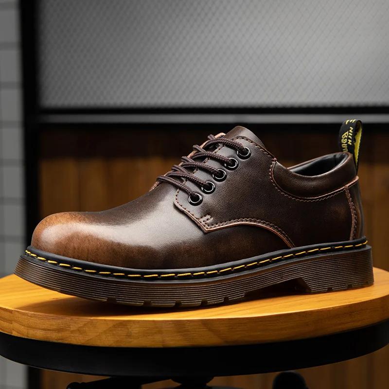 Fashion Comfortable Round Toe Walking Elegant Shoes Spring Shoes Men Genuine Leather Casual Outdoor Wear-Resistant Work Shoes