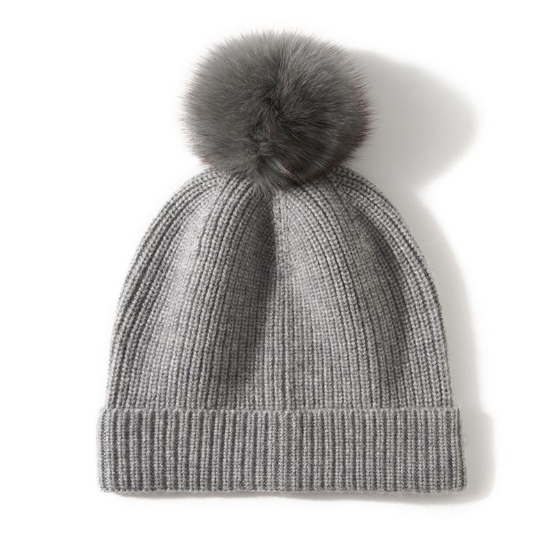 Cashmere Autumn and Winter New Style Women's High End Solid Color Striped Fur Ball Warm Fashion Knitted Casual Cuff Hat