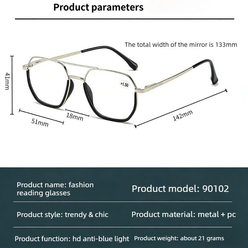 Metal Double-Bridge Square Frame Presbyopia Glasses Classic Oversized Frame Comfortable Blue Light Blocking Reading Glasses