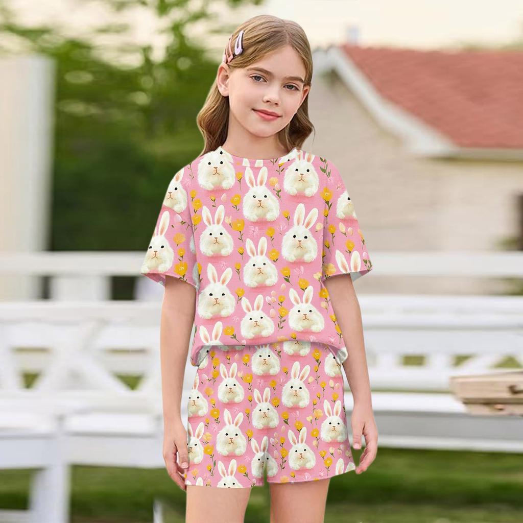 Kid Patriotic Outfit - Short Sleeve & Shorts 2-Piece Set For Girl Easter Day
