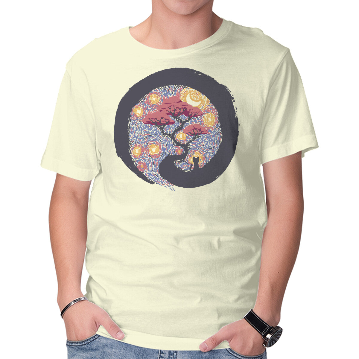 Unisex Crew Neck T-Shirt Sumie Starry Night Cat Graphic Short Sleeve Casual Tee XS