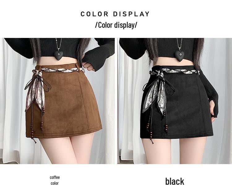 Plus Size Brown Suede A-line High-Waisted Skirt for Women - Slimming, Hip-Hugging Short Skirt for Spring and Autumn