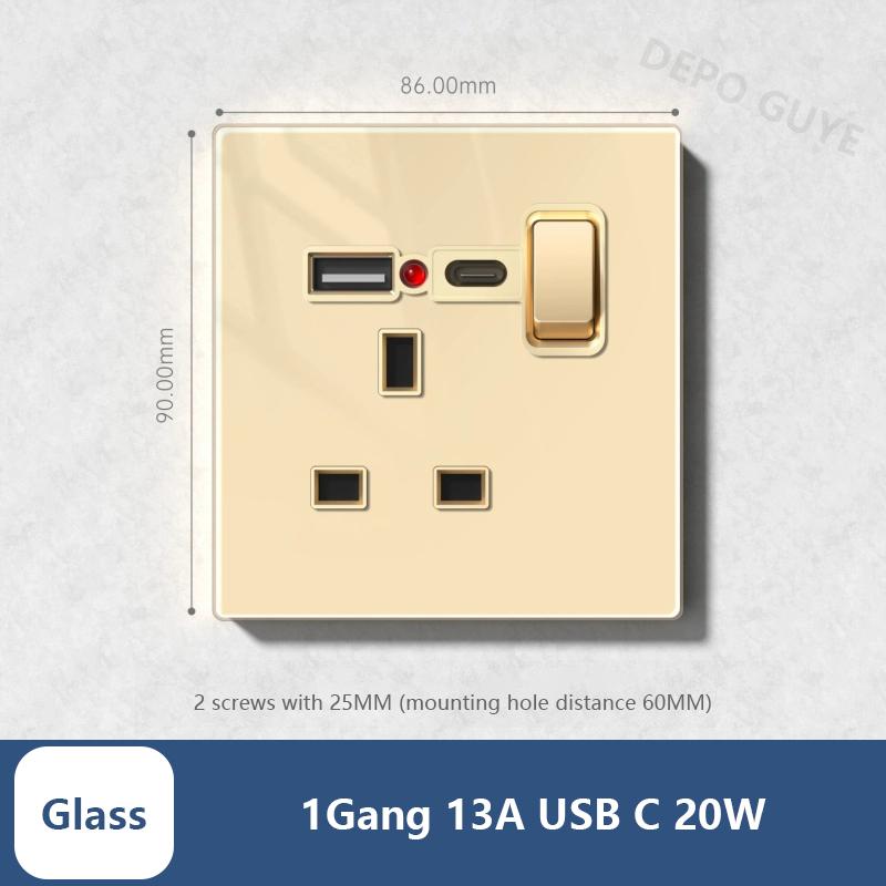 Universal 20W Type-C Wall Quick Charge Socket,Dual Switch Control Universal Power outlet,White UK Standard USB Interface Socket