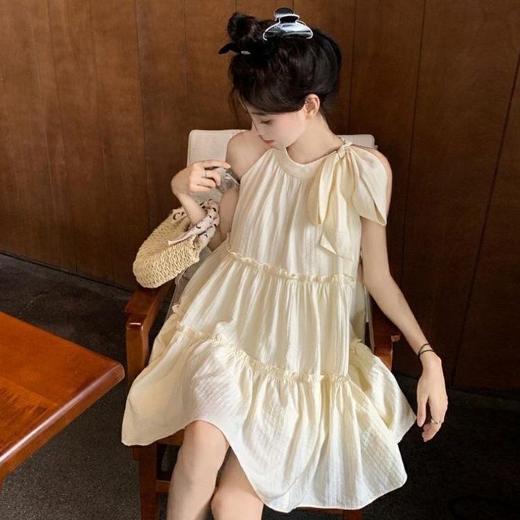 Petite Summer Sleeveless Halter Dress: French Style Seaside Holiday Skirt