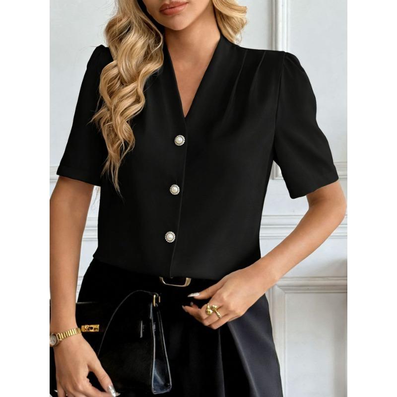 Women's New Summer V-neck Fashion Button Casual Business Short-sleeved Shirt